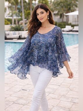 Analili Blue Print Silk Blend Sheer Overlay Blouse XS